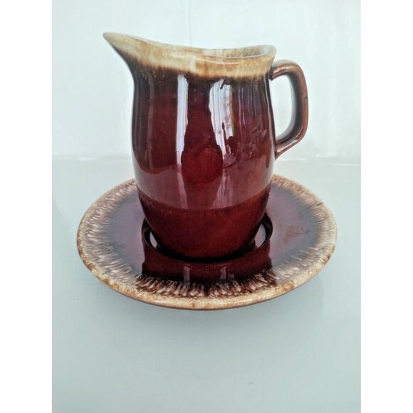 Hull Pottery USA Crestine Pottery Brown Drip Pattern Pitcher & Underplate - Picture 9 of 12